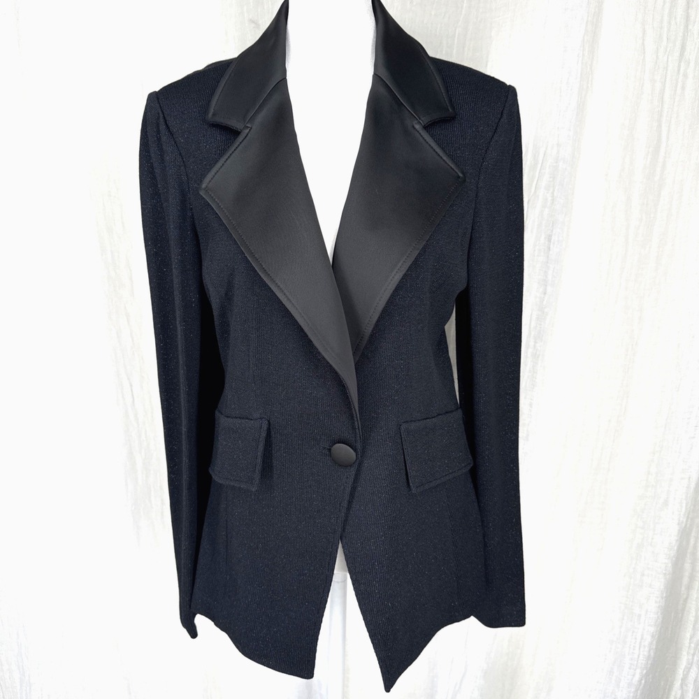 St John Knit Single Button Tuxedo Blazer Jacket Satin Lapel 10 Luxury Evening